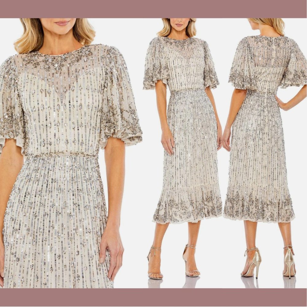 NWT $578 Mac Duggal [ 10 ] Embellished Beaded‎ Flounce Sleeve Midi Dress Cream
